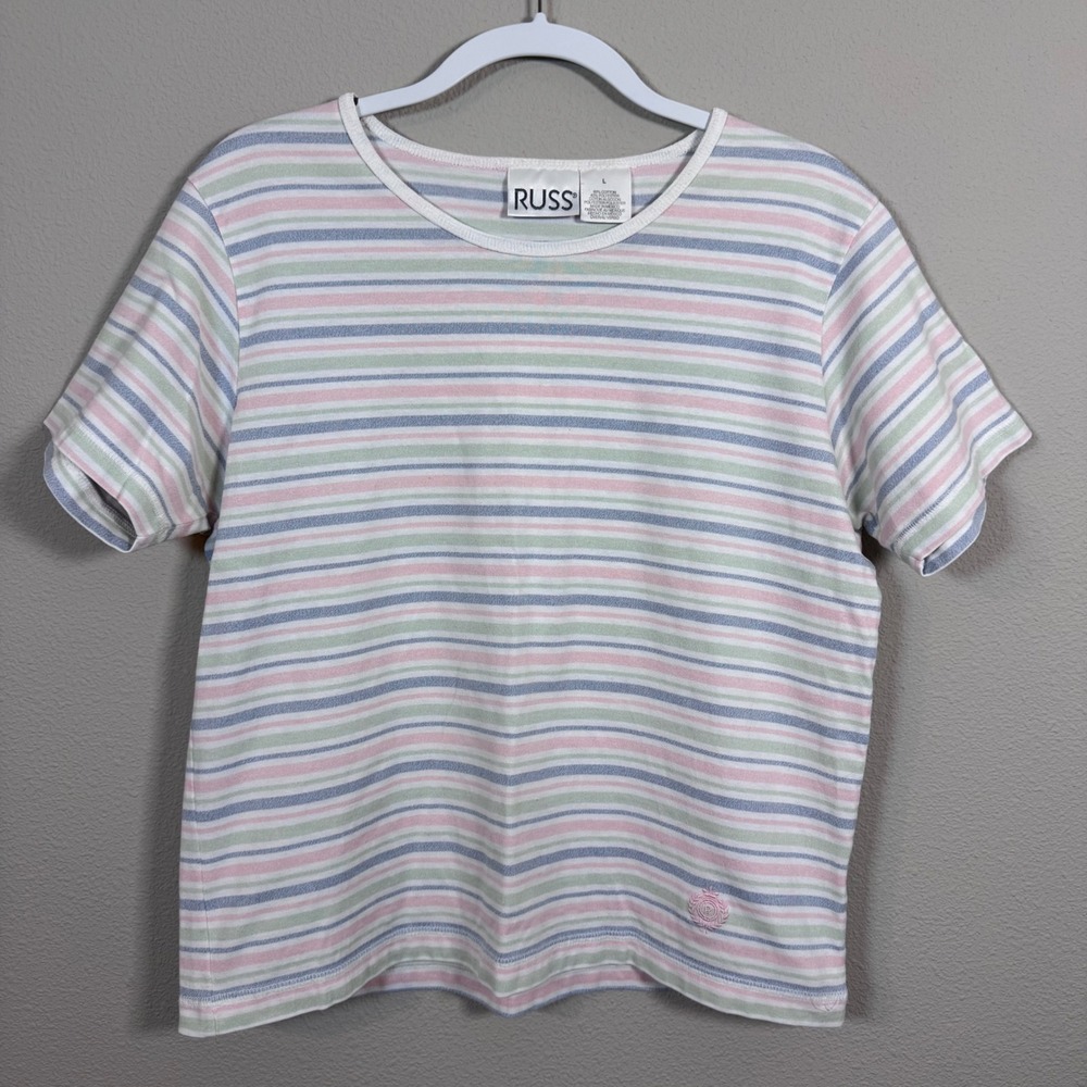Vintage Russ Y2K Pastel Striped Short Sleeve Crew Neck Baby Tee Shirt Women's L